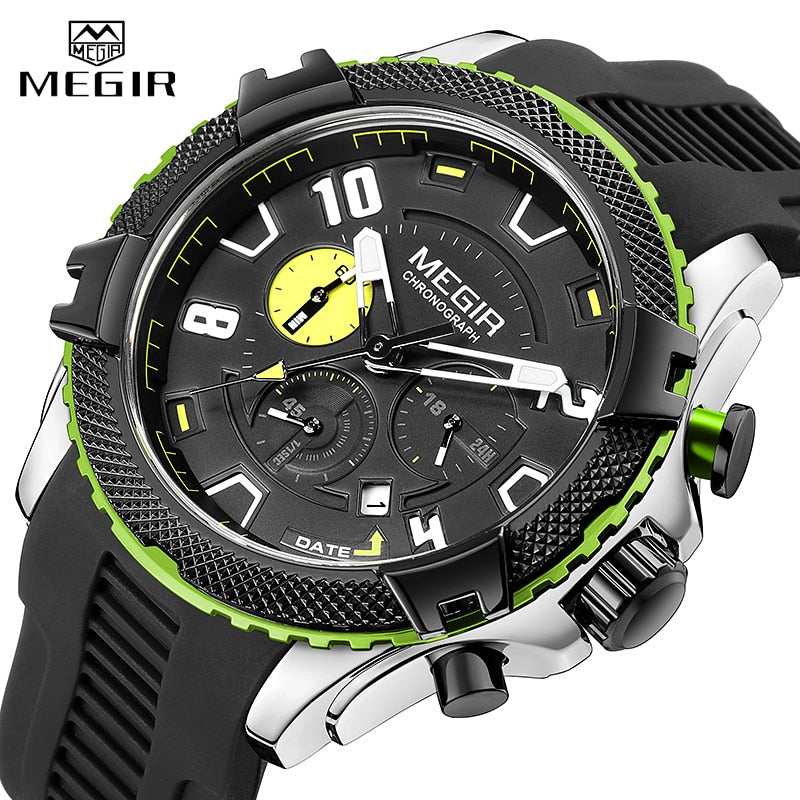 MEGIR Fashion Men Watches with Calendar Chronograph Waterproof Black Silicone Strap Sport Quartz Wristwatch Auto Date 24-hour