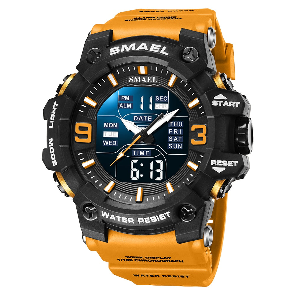 SAMEL Watch for Men Orange Dual Time Display Sport Wristwatch Stopwatch Alarm Army Military LED Digital Back Light Male Clock