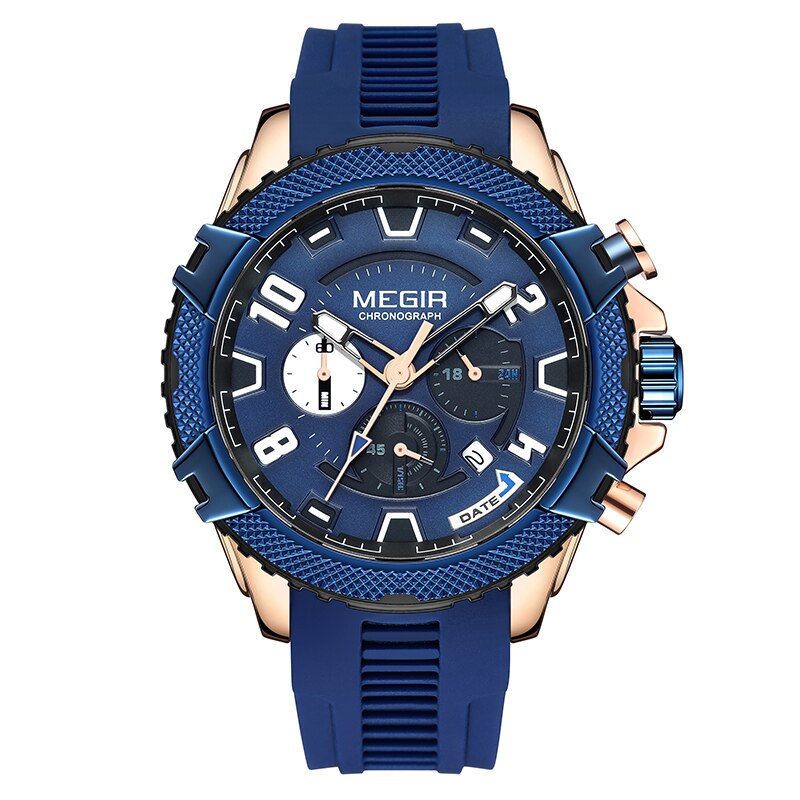 MEGIR Fashion Men Watches with Calendar Chronograph Waterproof Black Silicone Strap Sport Quartz Wristwatch Auto Date 24-hour