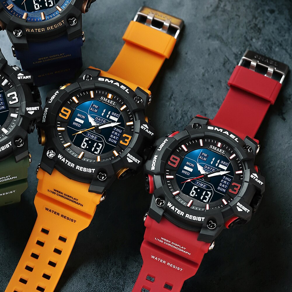 SAMEL Watch for Men Orange Dual Time Display Sport Wristwatch Stopwatch Alarm Army Military LED Digital Back Light Male Clock
