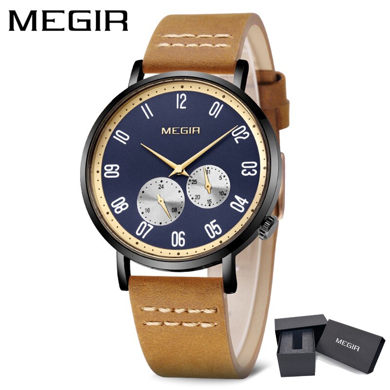 MEGIR Brown Leather Band Luxury Watches Fashion Quartz Wristwatch Brand Waterproof Analog Sport Watch Male Clock