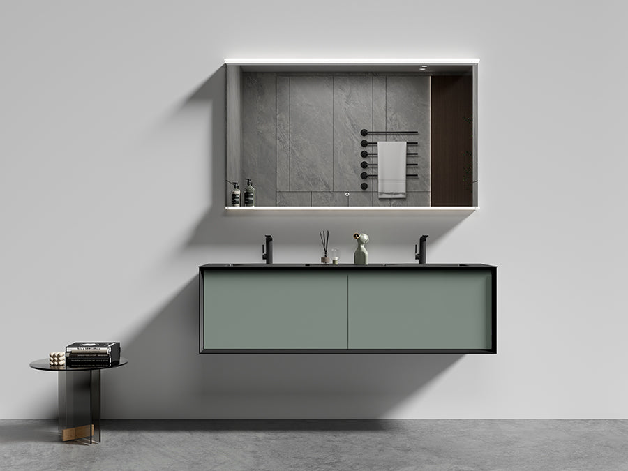 backlit mirror and green floating bathroom vanity