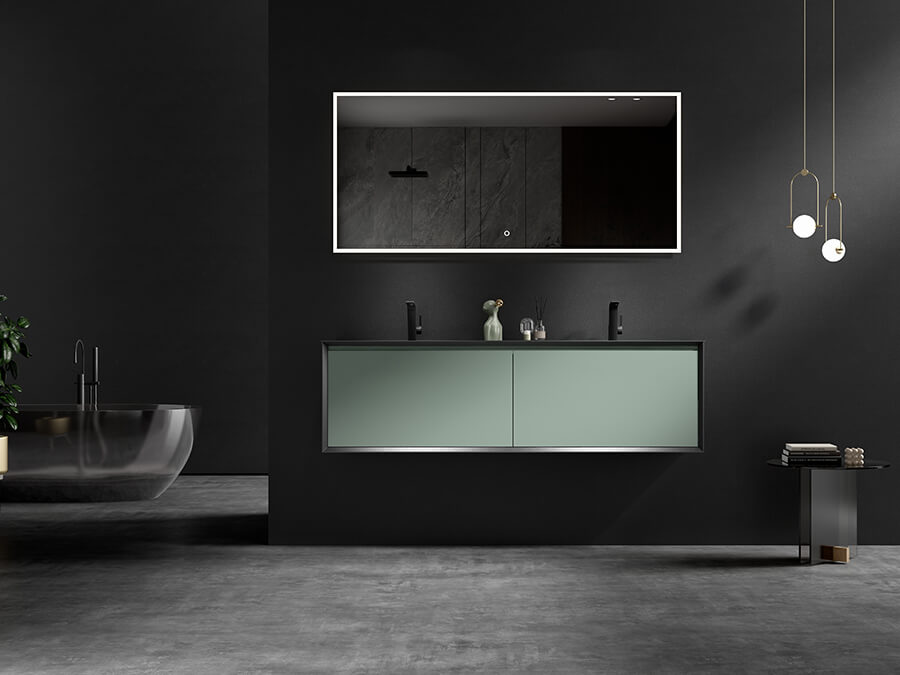 green double vanity in a dark room