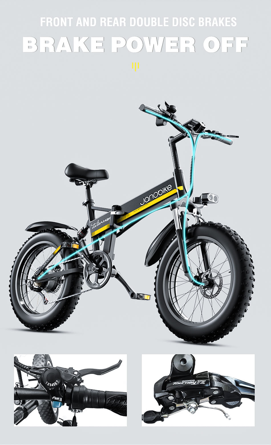 Janobike H20 Ebike. FRONT AND REAR DOUBLE DISC BRAKES - BRAKE POWER OFF