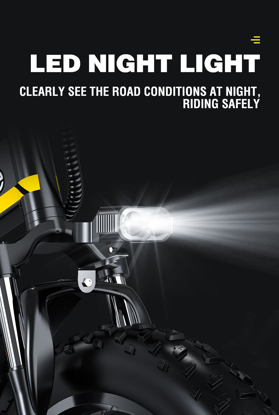 Janobike H20 Ebike, LED NIGHT LIGHT, CLEARLY SEE THE ROAD CONDITIONS AT NIGHT, RIDING SAFELY