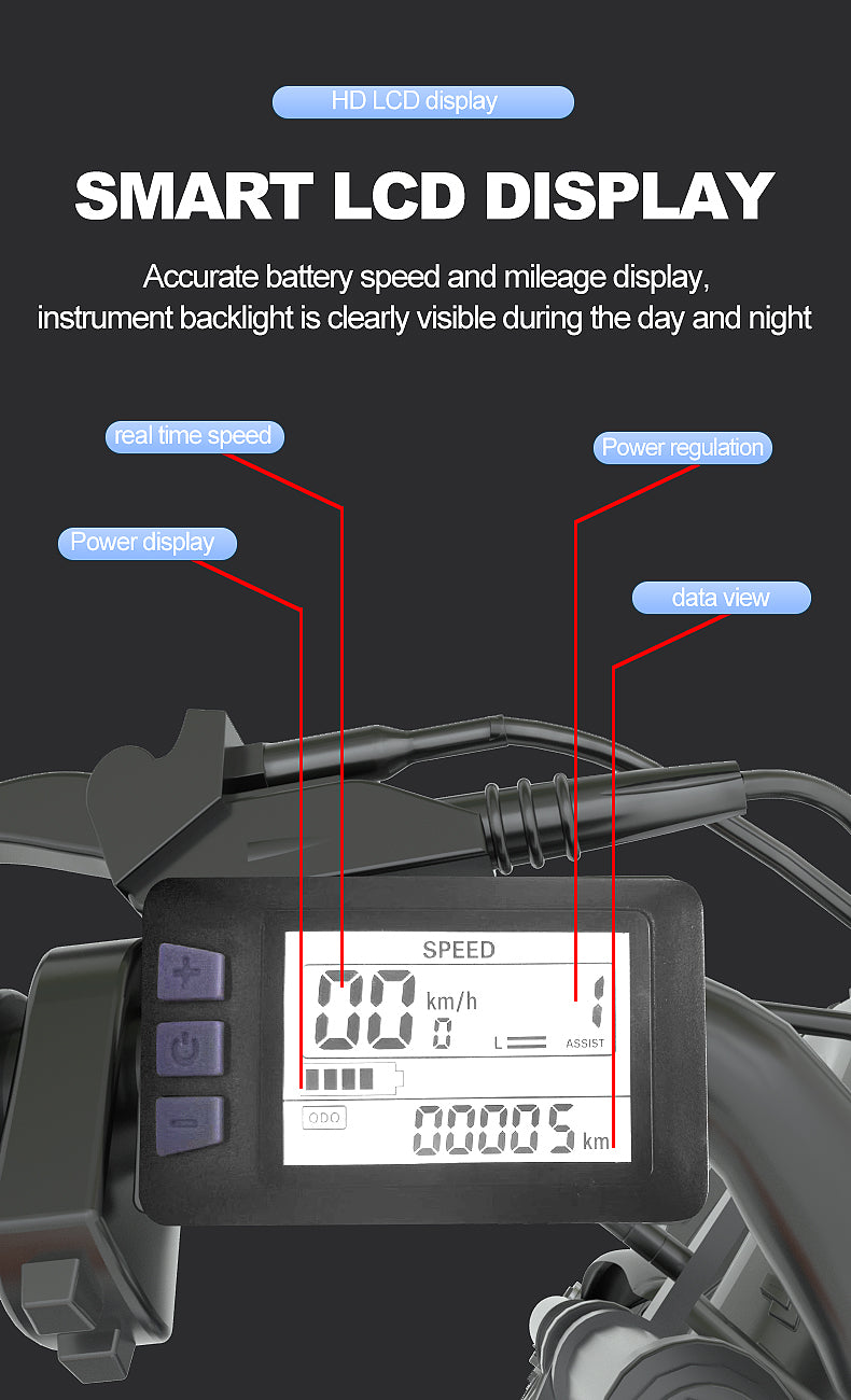 JANSNO X50 UTILIZA UNA PANTALLA LCD INTELIGENTE. Visualización precisa de la velocidad de la batería y el kilometraje, la luz de fondo del instrumento es claramente visible durante el día y la noche