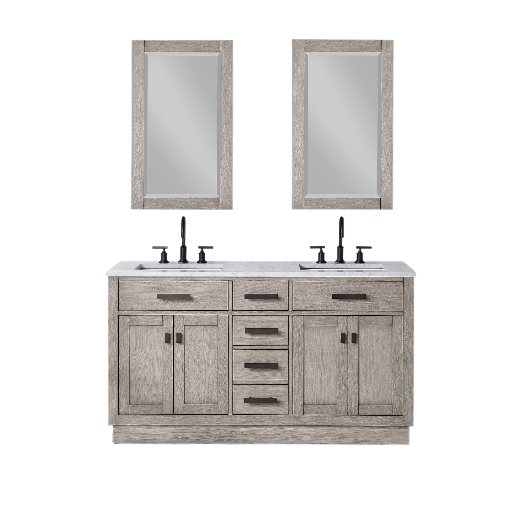 Chestnut 60 In. Double Sink Carrara White Marble Countertop Vanity In Grey Oak with Grooseneck Faucets and Mirrors