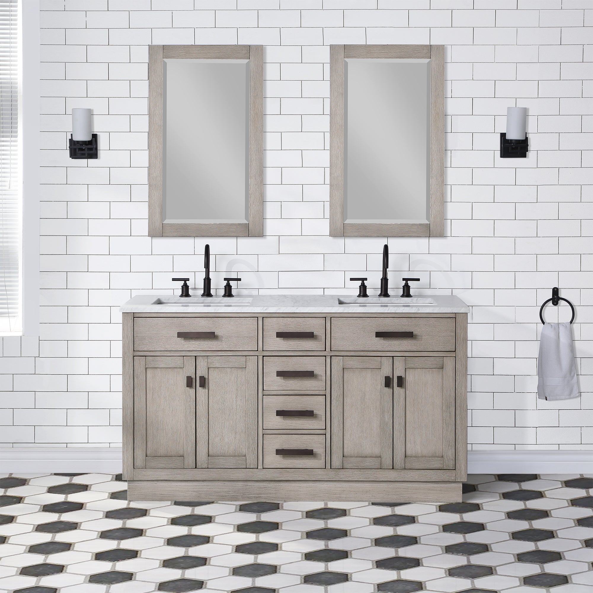 Chestnut 60 In. Double Sink Carrara White Marble Countertop Vanity In Grey Oak with Grooseneck Faucets and Mirrors