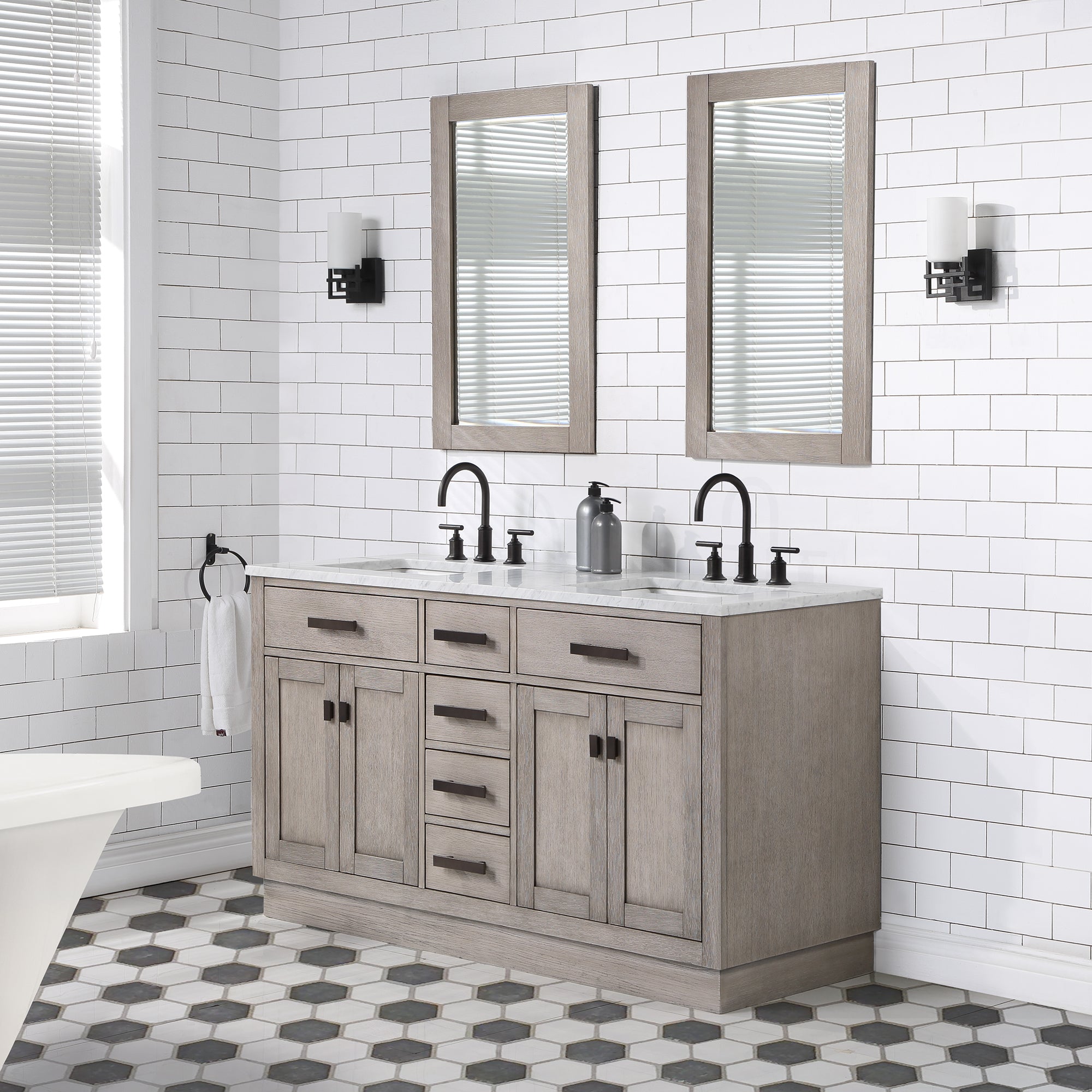 Chestnut 60 In. Double Sink Carrara White Marble Countertop Vanity In Grey Oak with Grooseneck Faucets and Mirrors