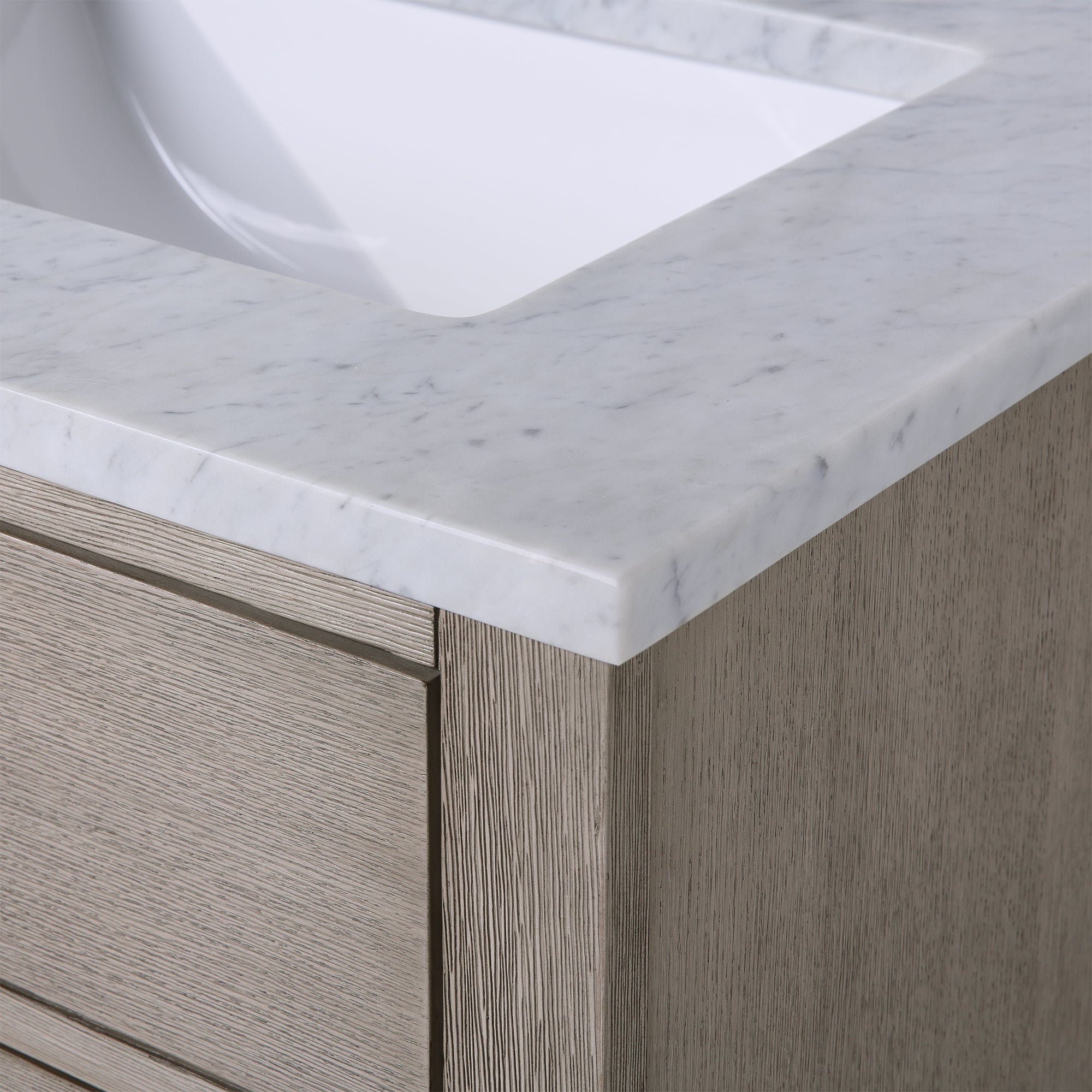 Chestnut 60 In. Double Sink Carrara White Marble Countertop Vanity In Grey Oak with Grooseneck Faucets and Mirrors