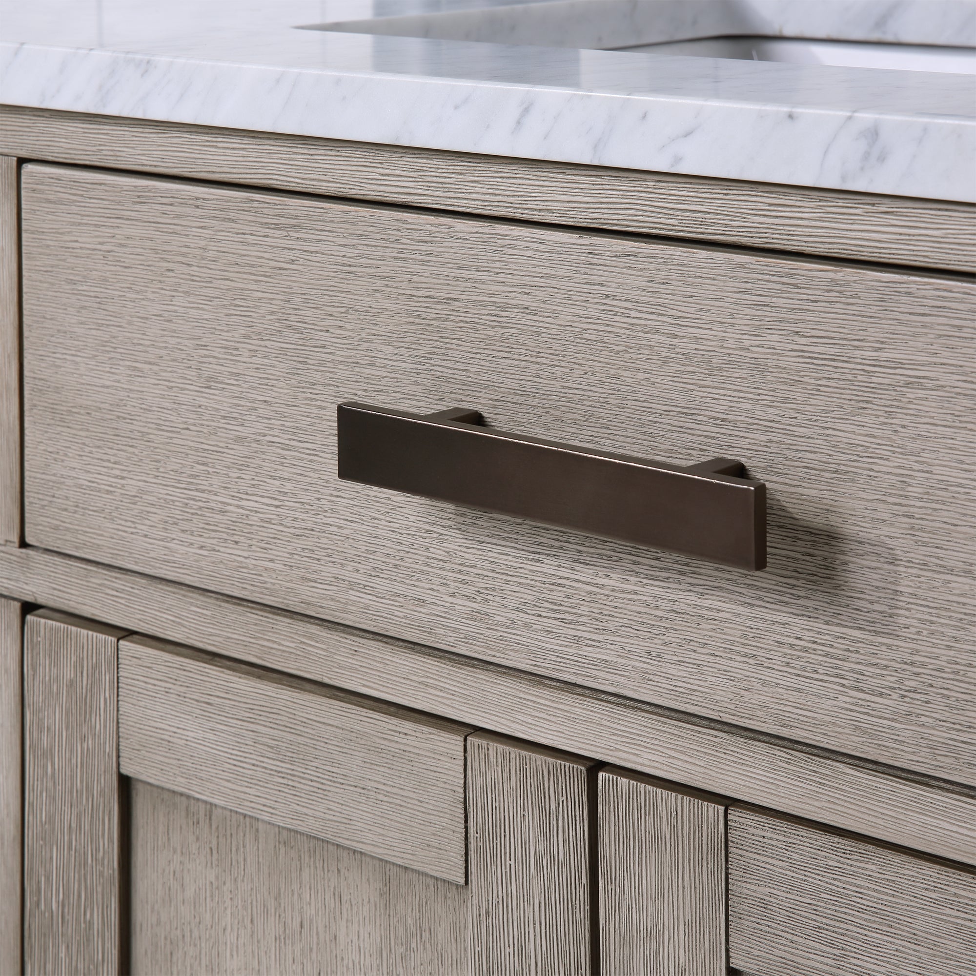 Chestnut 60 In. Double Sink Carrara White Marble Countertop Vanity In Grey Oak with Grooseneck Faucets and Mirrors