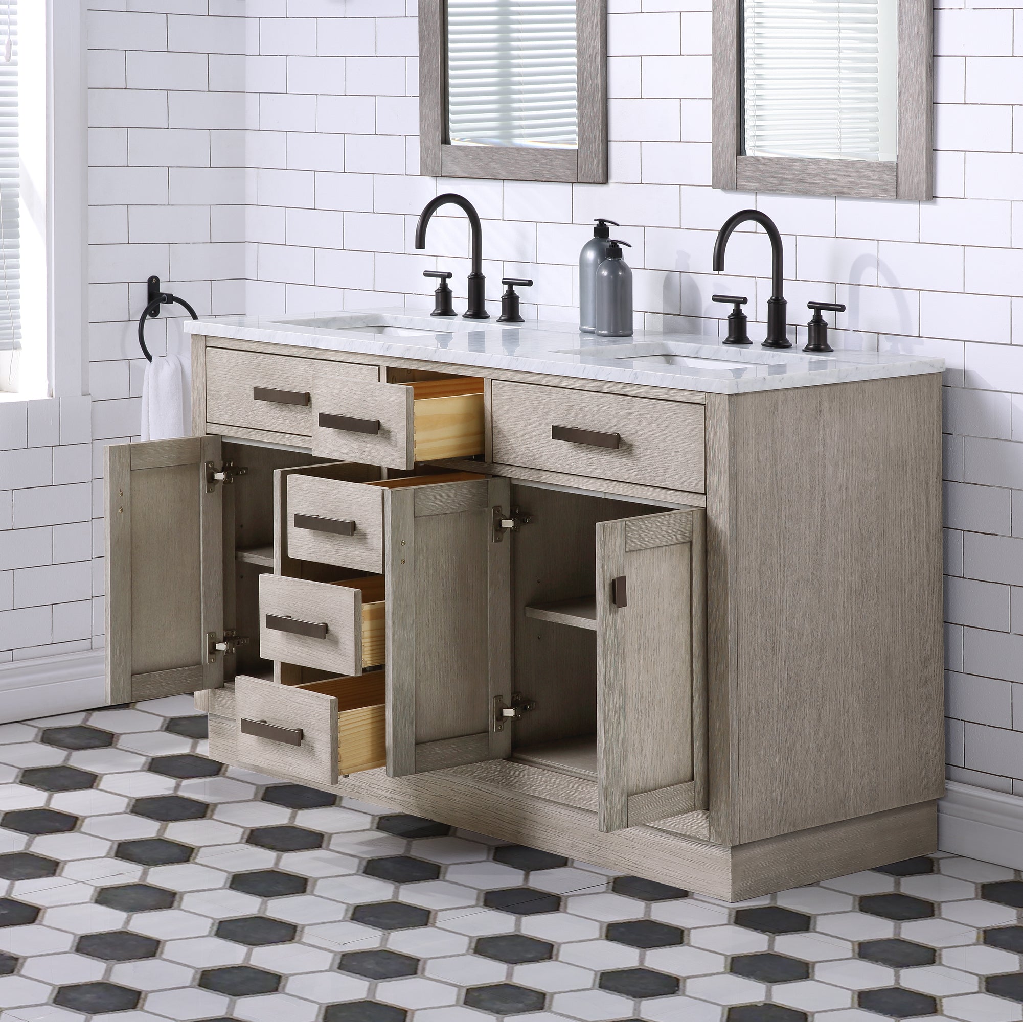 Chestnut 60 In. Double Sink Carrara White Marble Countertop Vanity In Grey Oak with Grooseneck Faucets and Mirrors