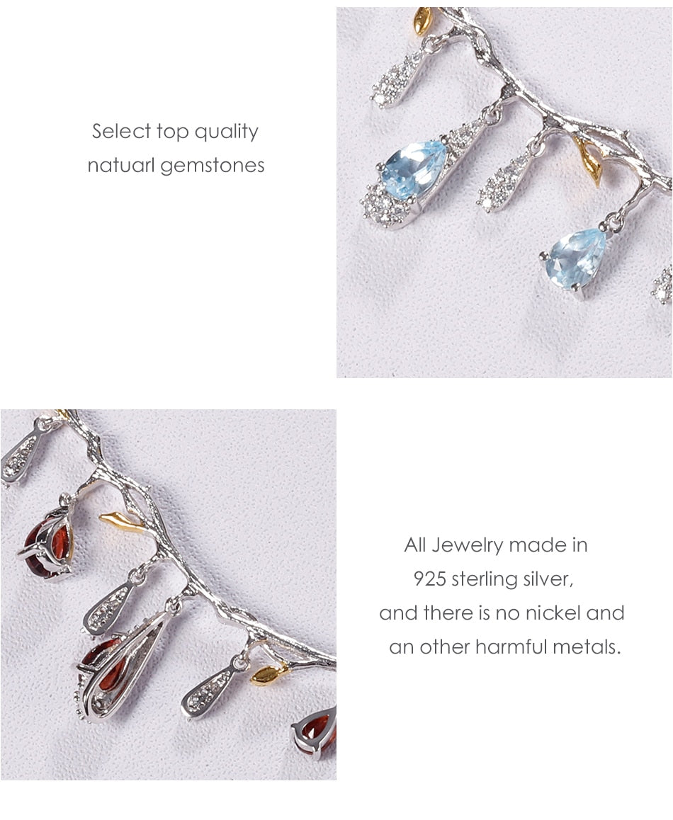 Drop Necklace, Garnet-Agate-Topaz Necklace, 925 Sterling Silver