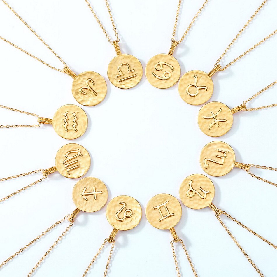 Libra Sign Coin Necklace, Zodiac Sign Necklace, 10K Gold Plated