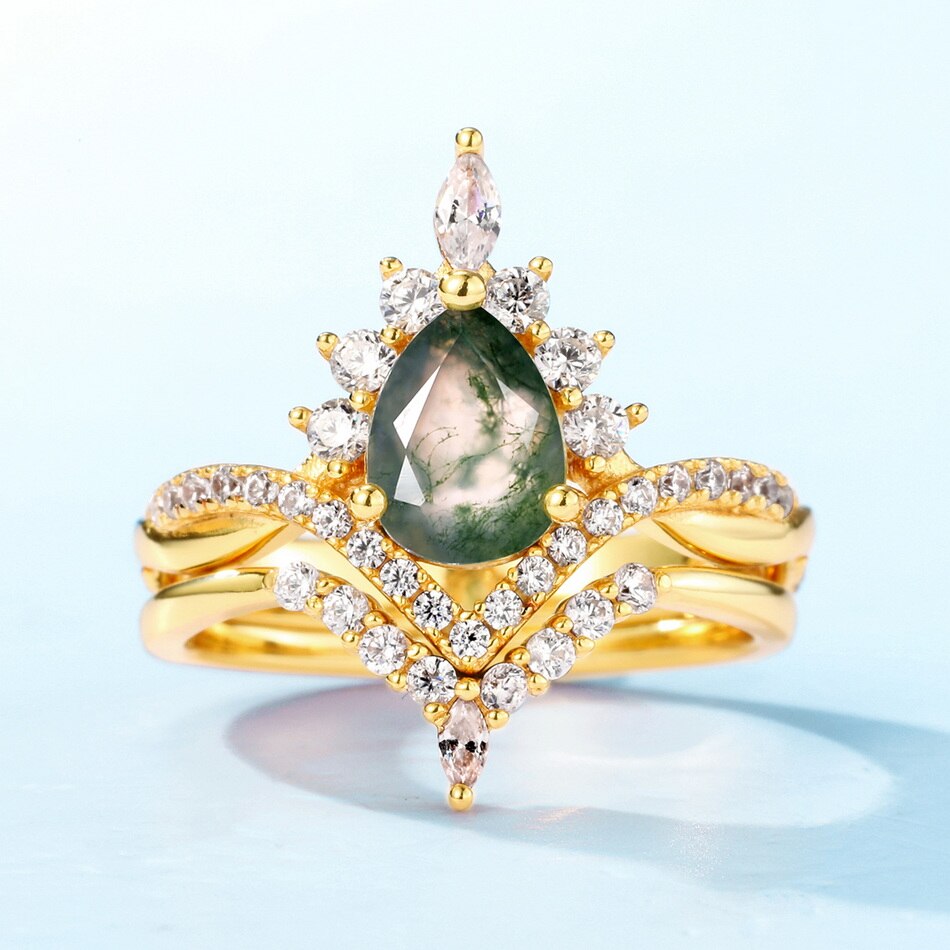 Teardrop Moss Agate Engagement Ring Set, Yellow Gold Plated Over 925 Sterling Silver