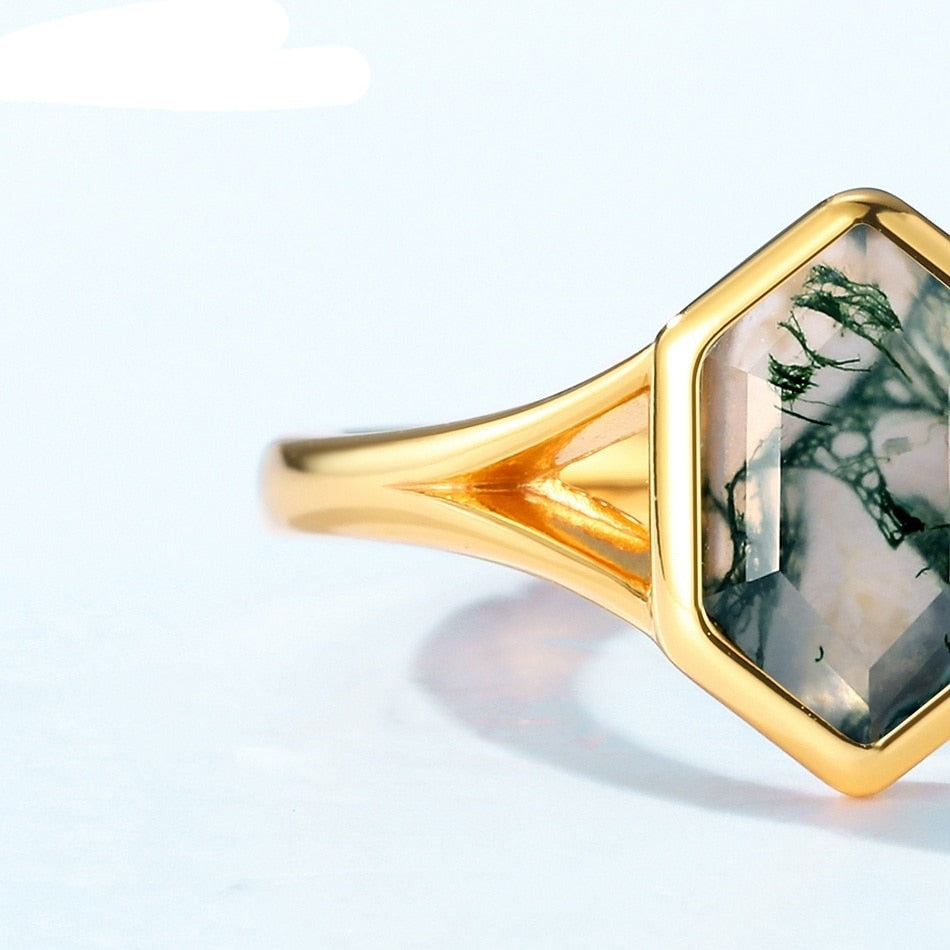Moss Agate Engagement Ring, Bezel Set in 925 Sterling Silver
