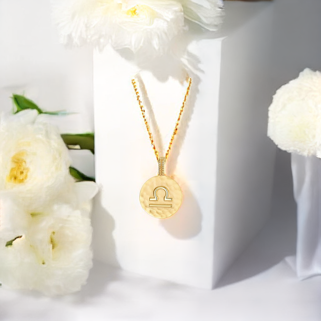 Libra Sign Coin Necklace, Zodiac Sign Necklace, 10K Gold Plated