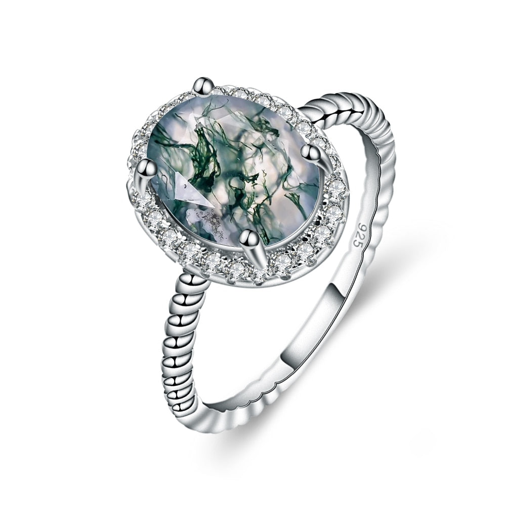 1.98 CT Moss Agate Engagement Ring, Round Cut Halo Setting, 925 Sterling Silver