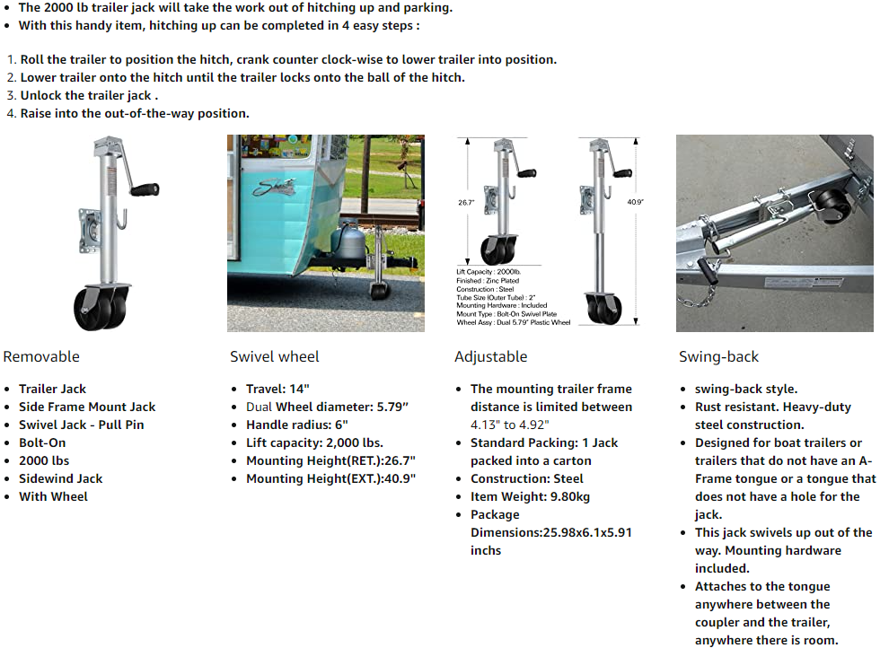 Trailer Jack, Heavy Duty Swivel Boat Trailer Jack with Dual Wheels, 14