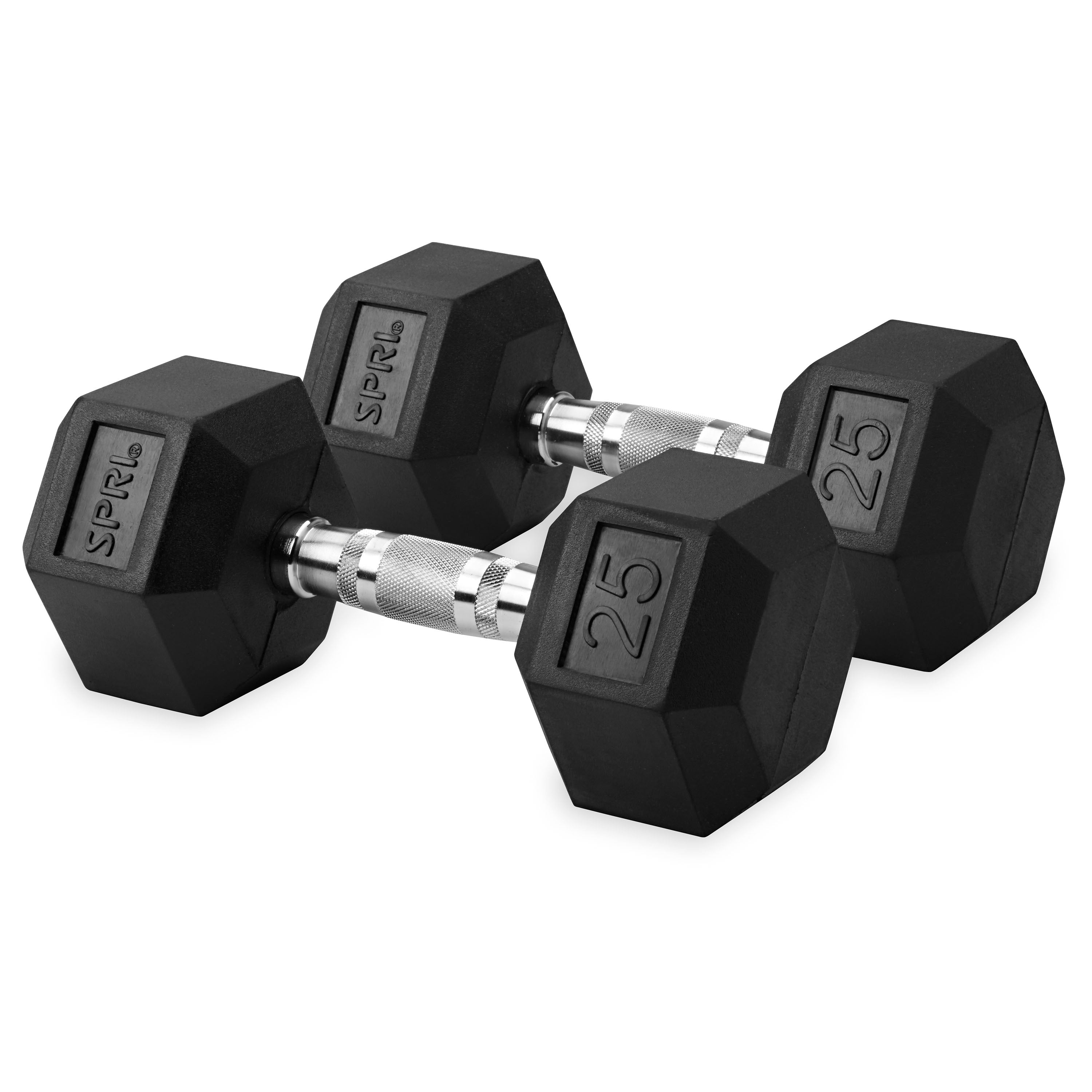 Deluxe 6-Sided Rubber Dumbbells - 3-25 lb. Pairs