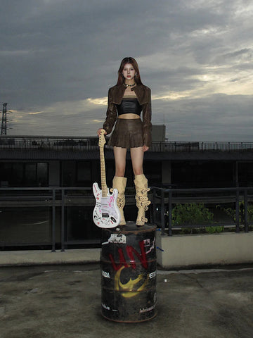 American Western Style Leather Jacket + Pleated Skirt Suit