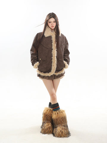 Retro Suede Fleece Patchwork Jacket and Pleated Skirt Suit