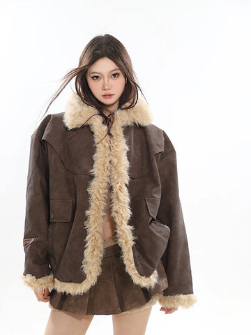 Retro Suede Fleece Patchwork Jacket and Pleated Skirt Suit