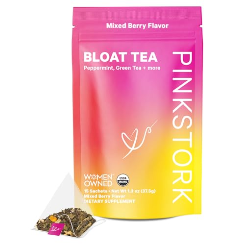 Pink Stork Bloat Tea: Organic Bloating Relief for Women with Green Tea, Dandelion Root, and Turmeric, Natural Metabolism Support, Ease Digestion and Gas, Hot or Iced Tea - 15 Sachets, Berry