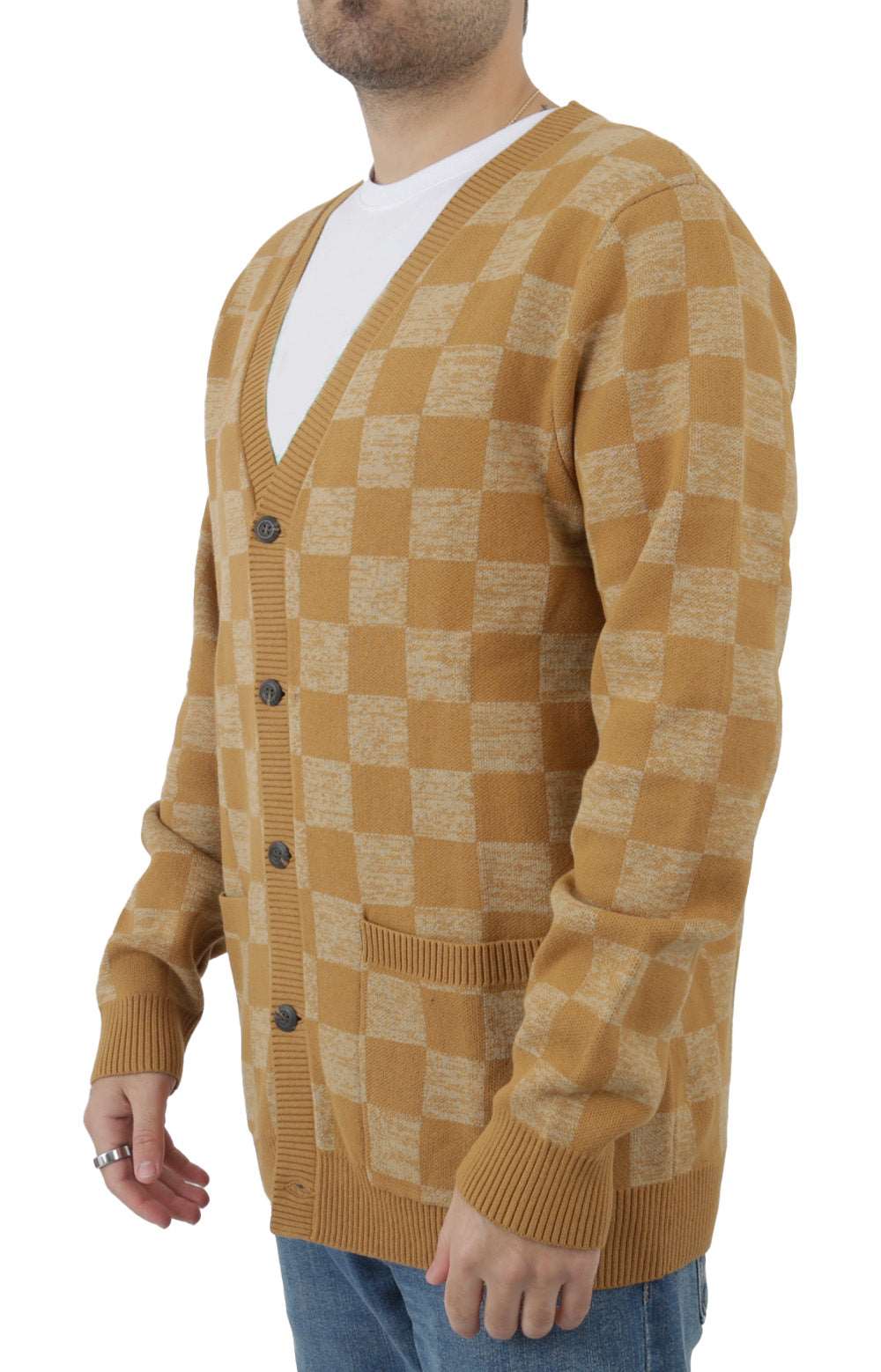 Checkerboard Jacquard Cardigan - Bone Brown