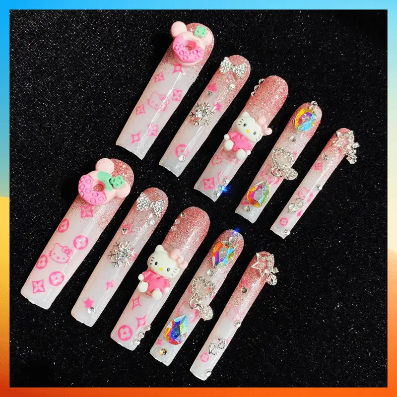 Wenston 5D presse à la main sur les ongles Hello Kitty faux ongles