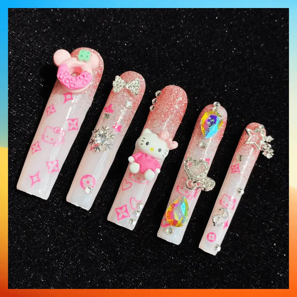 Wenston 5D presse à la main sur les ongles Hello Kitty faux ongles