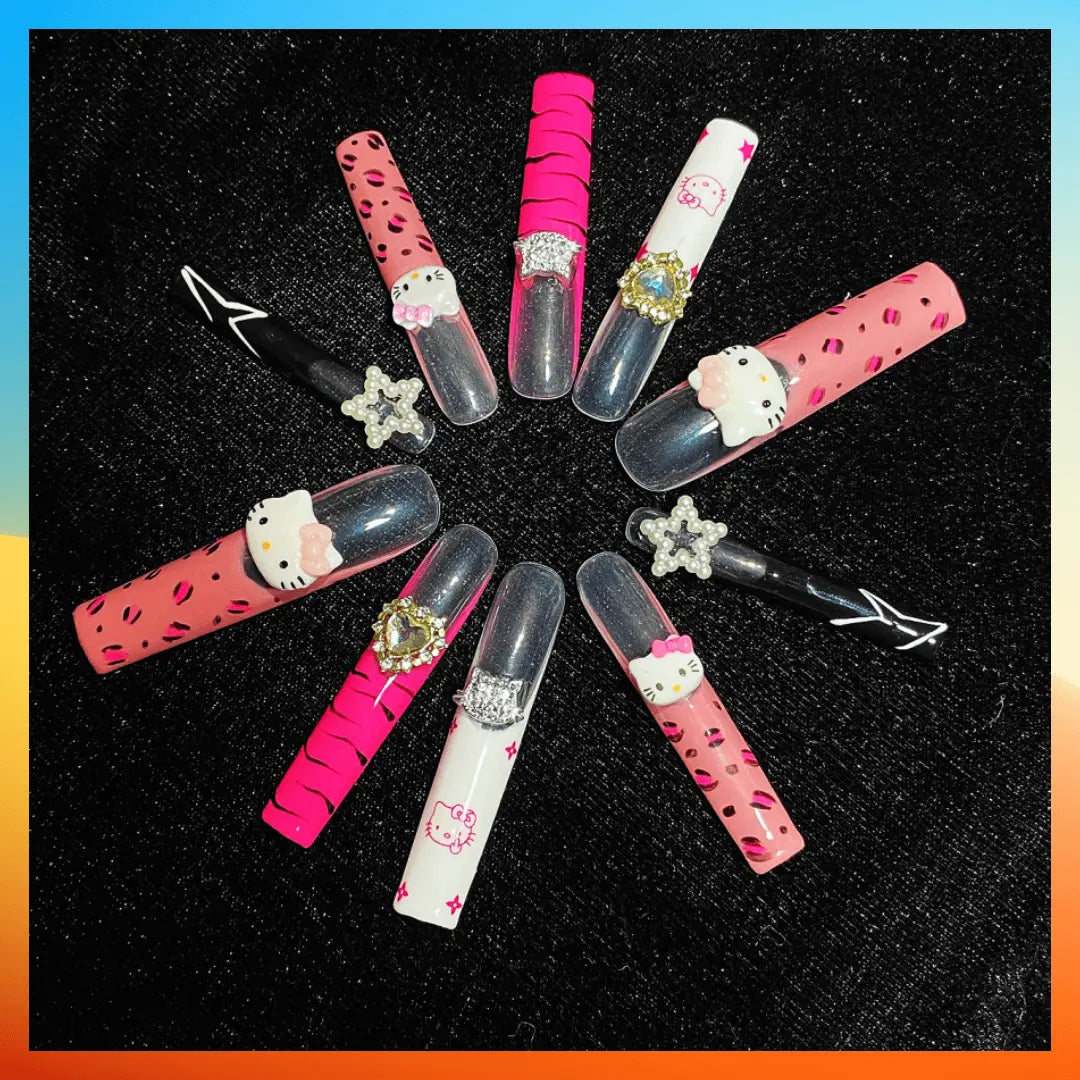 Wenston 5D presse à la main sur les ongles Hello Kitty faux ongles