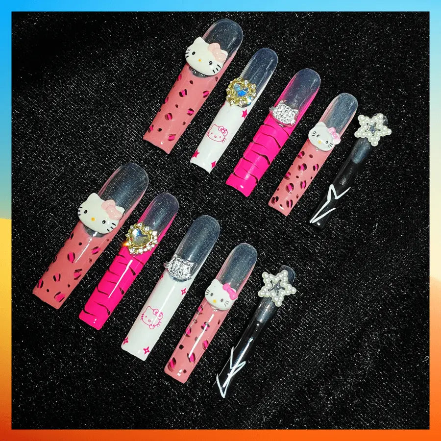 Wenston 5D presse à la main sur les ongles Hello Kitty faux ongles