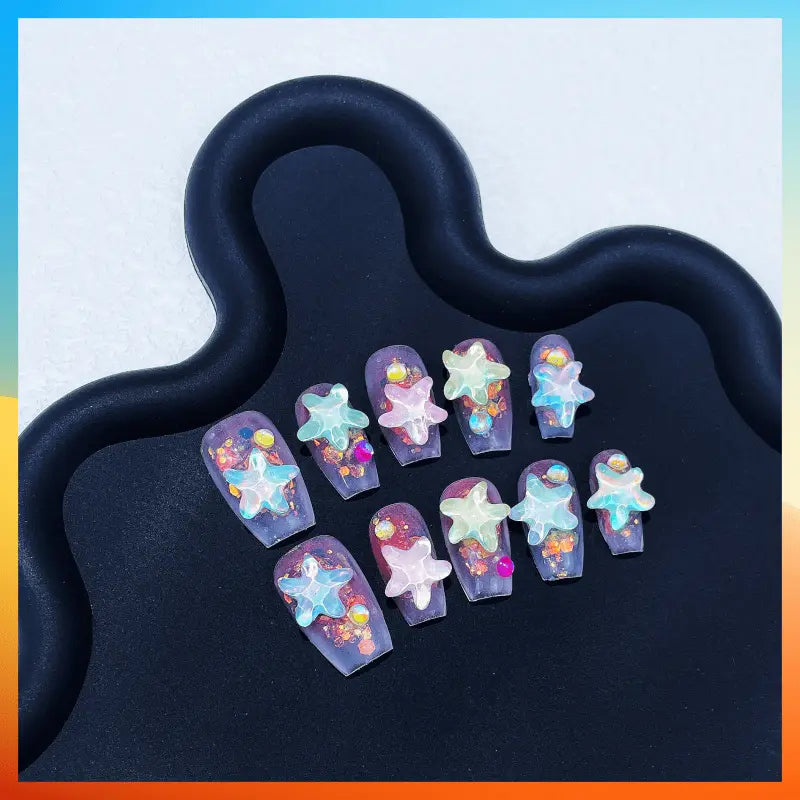 Presse faite à la main 5D sur les ongles avec des faux ongles de conception de strass d’étoiles de lune