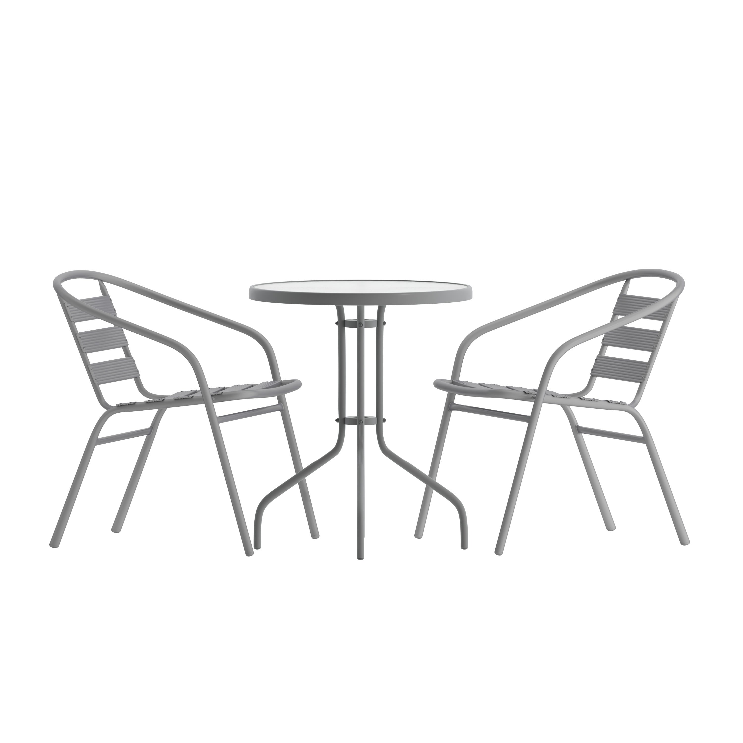 Lila 23.75' Round Glass Metal Table with 2 Metal Aluminum Slat Stack Chairs