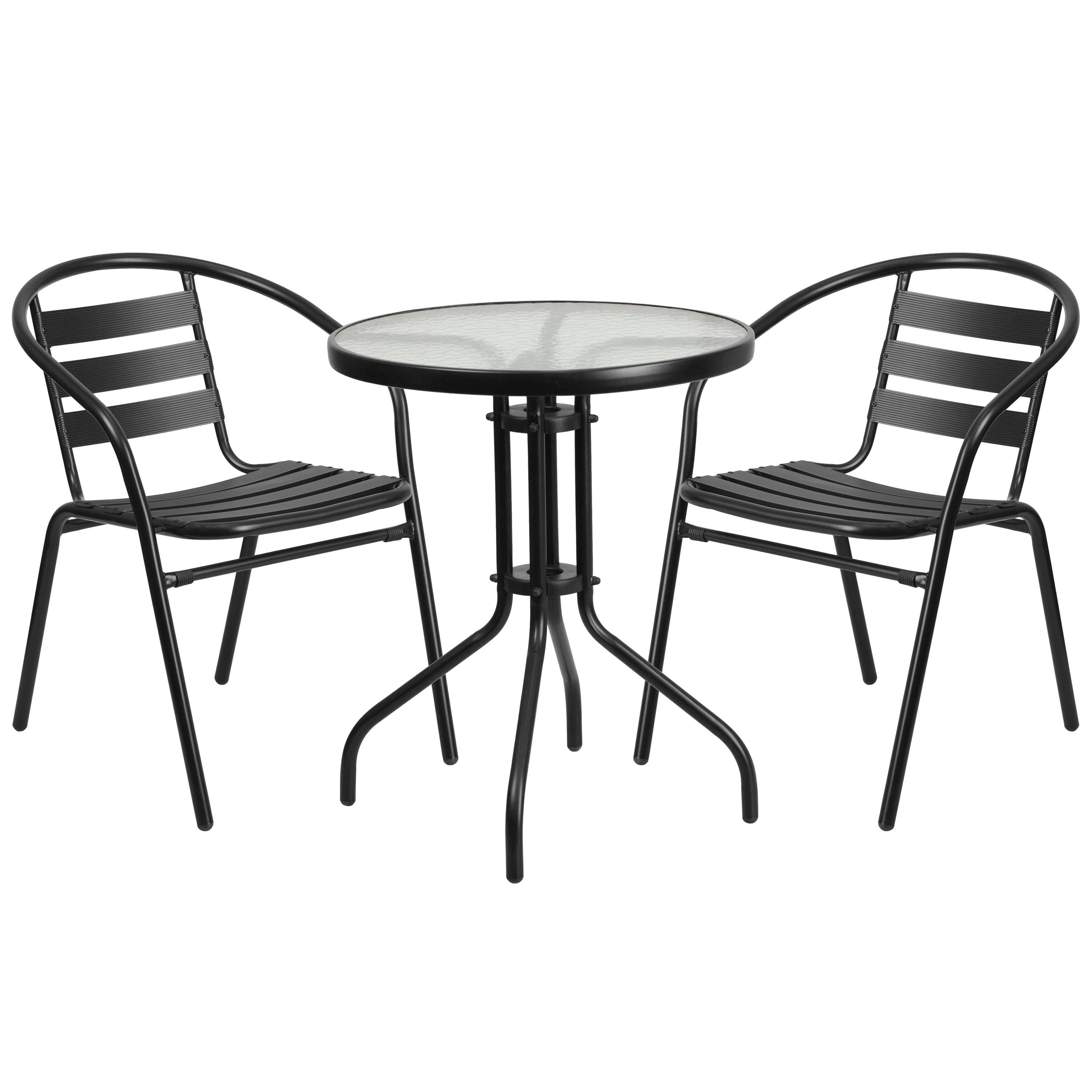 Lila 23.75' Round Glass Metal Table with 2 Metal Aluminum Slat Stack Chairs