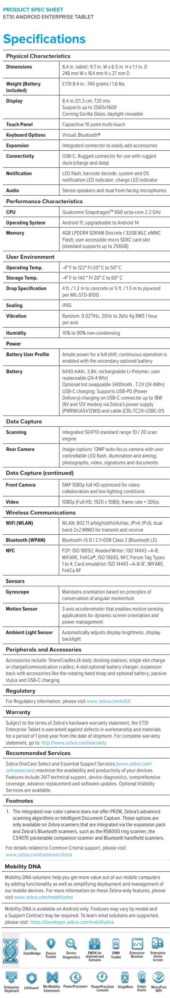 Ficha técnica de Zebra ET51 Android Enterprise con escáner de código de barras 1D_2D integrado