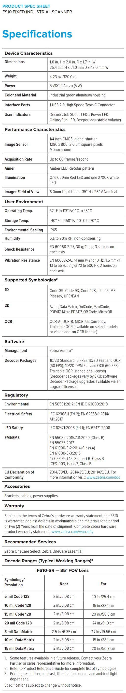 Zebra FS10 Fixed Industrial Scanner data sheet