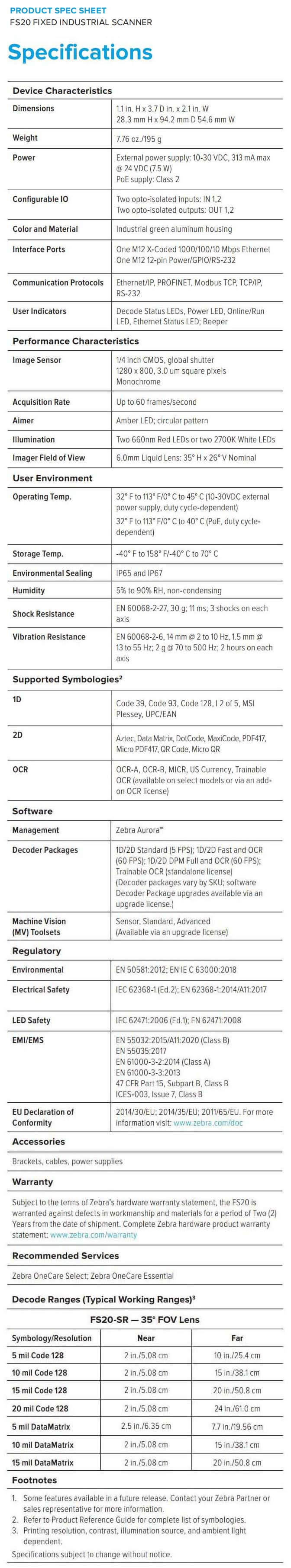 Zebra FS20 Fixed Industrial Scanner data sheet