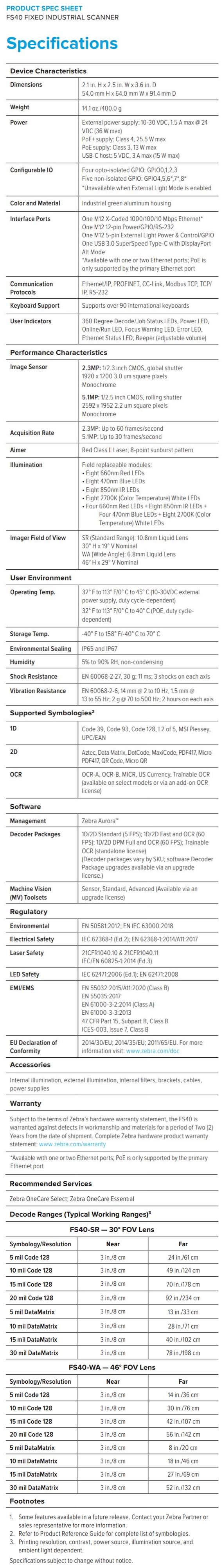 Zebra FS40 Fixed Industrial Scanner data sheet