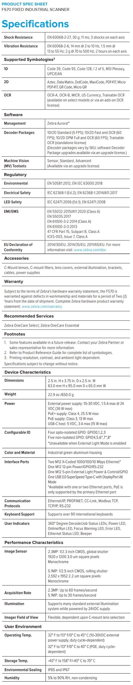 Zebra FS70 Fixed Industrial Scanner data sheet