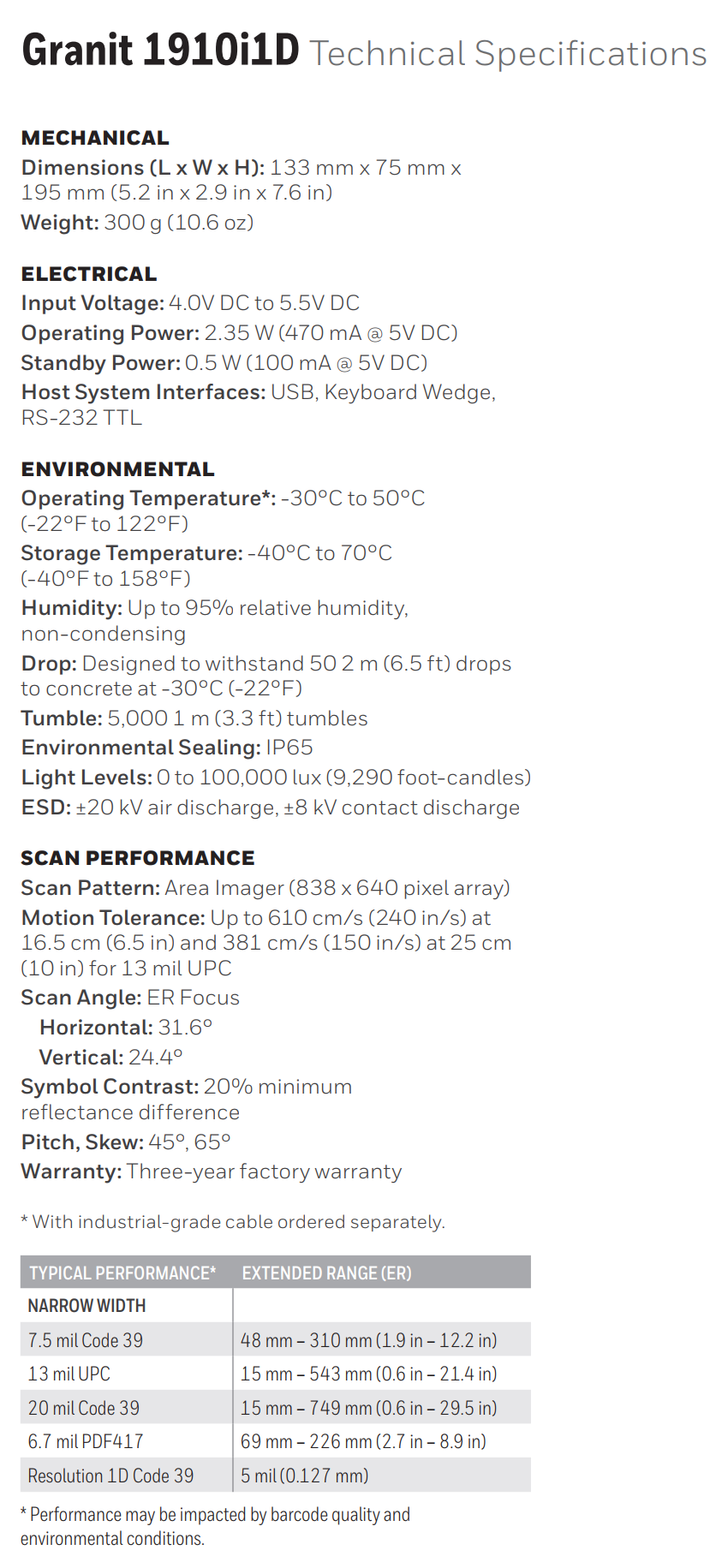 Honeywell Granit 1910i1D datasheet