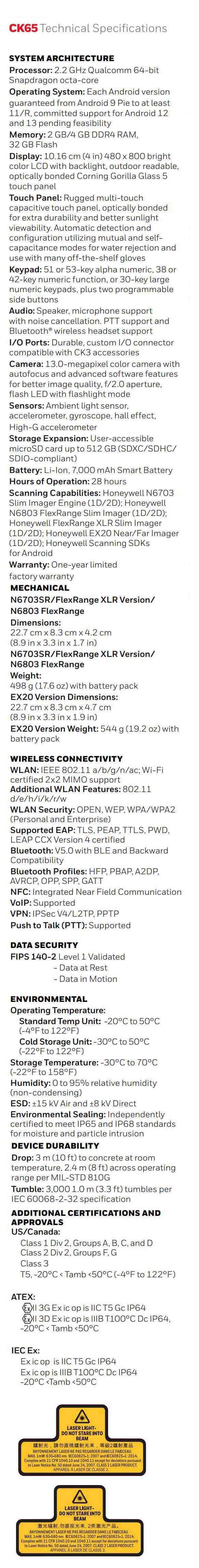 Fiche technique de l'ordinateur mobile Honeywell CK65