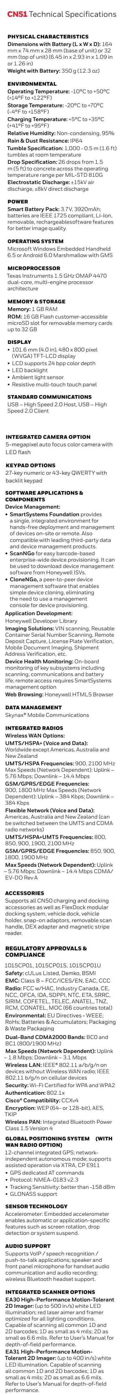 Honeywell CN51 barcode scanner data sheet