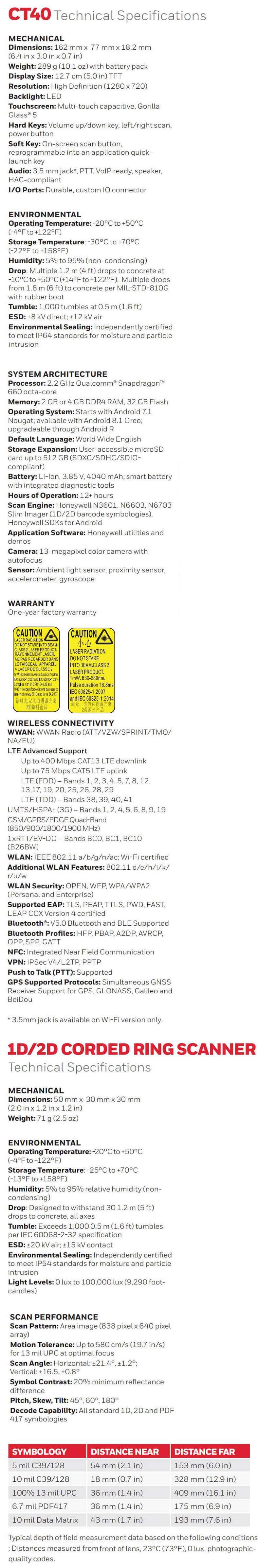 Hoja de datos de la computadora portátil con cable Honeywell CT40 1D 2D