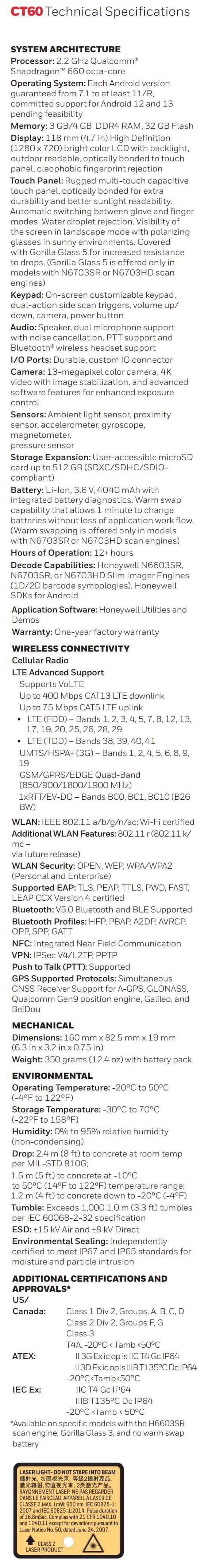 Honeywell CT60 data sheet