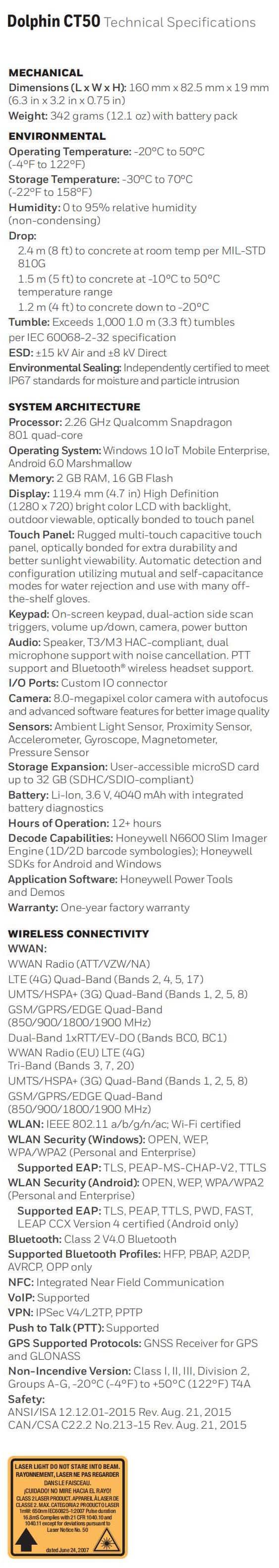 Ficha técnica del ordenador portátil Honeywell Dolphin CT50