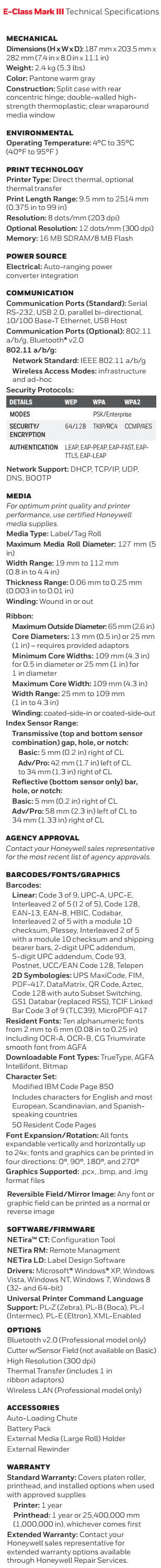 Honeywell E-Class Mark III Desktop Barcode Printer Data sheet
