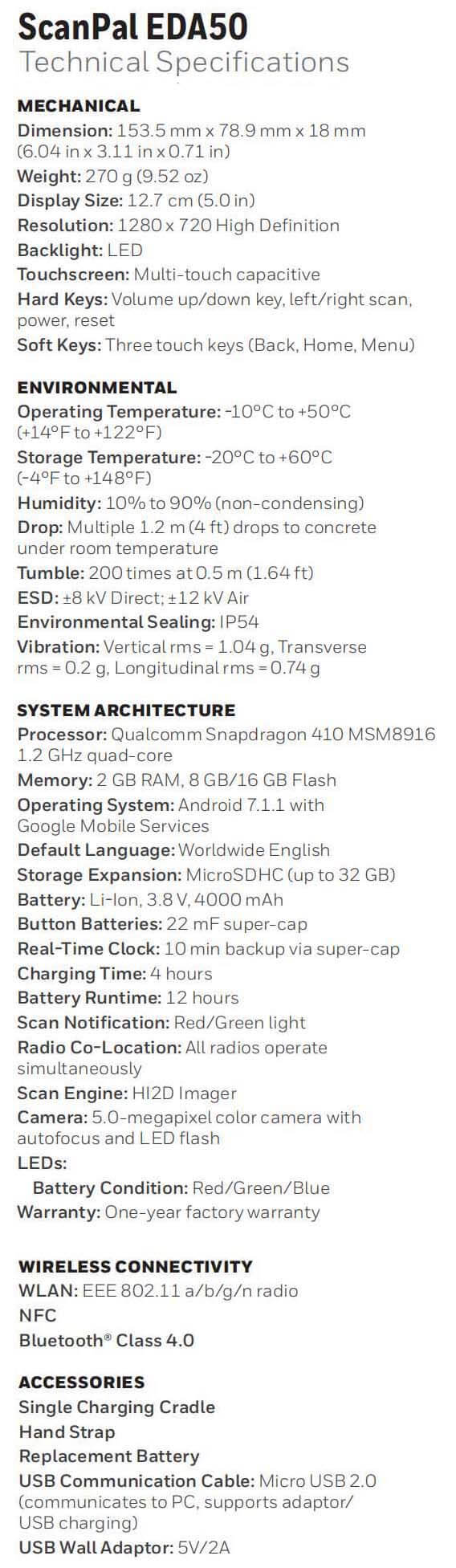 Honeywell EDA50 handheld computer data sheet