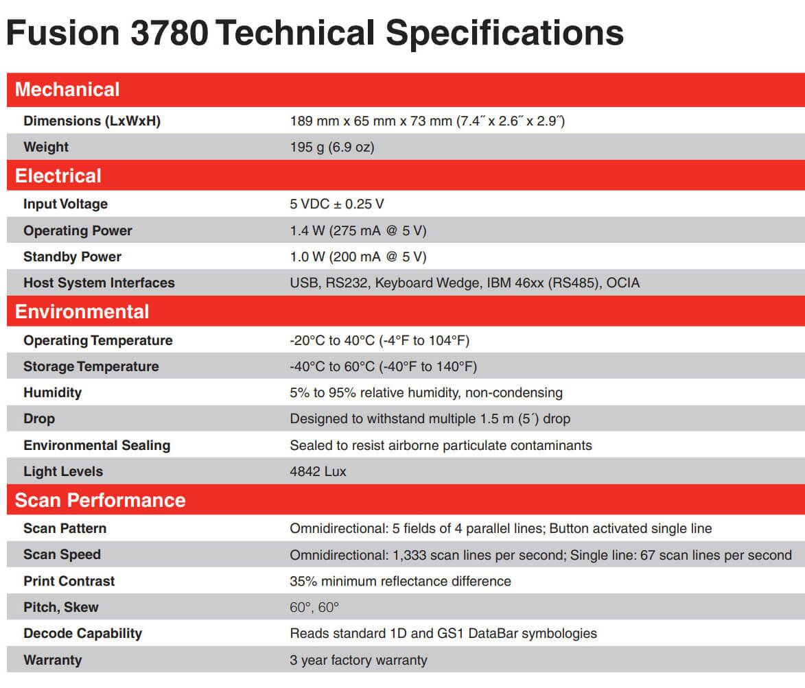 Honeywell Fusion 3780 Handheld Hands-Free Scanner Data sheet